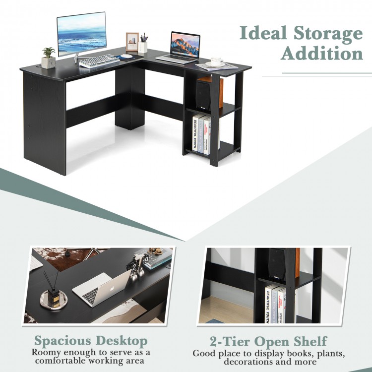 L-shaped computer desk with spacious desktop and 2-tier open shelves for efficient home office storage and organization.